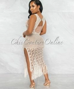 Vendor-unknown JUST IN Millan Nude Crochet Cover-Up Midi Dress