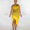Chic Couture Online JUST IN Morgany Yellow Black Stripes Bandage Midi Dress