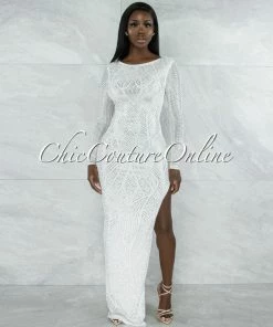 Vendor-unknown Goncalves Off-White Silver Studs Side Slit Maxi Dress JUST IN