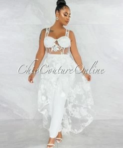 Vendor-unknown Kiarah Off-White Embroidery Mesh Top & Pants Set
