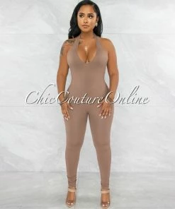 Vendor-unknown Calian Mocha Ribbed Halter Jumpsuit