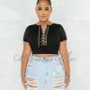 Chic Couture Online Malowa Black Rhinestones Lace-Up Ribbed Crop Top