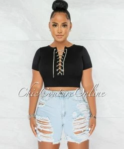 Chic Couture Online Malowa Black Rhinestones Lace-Up Ribbed Crop Top