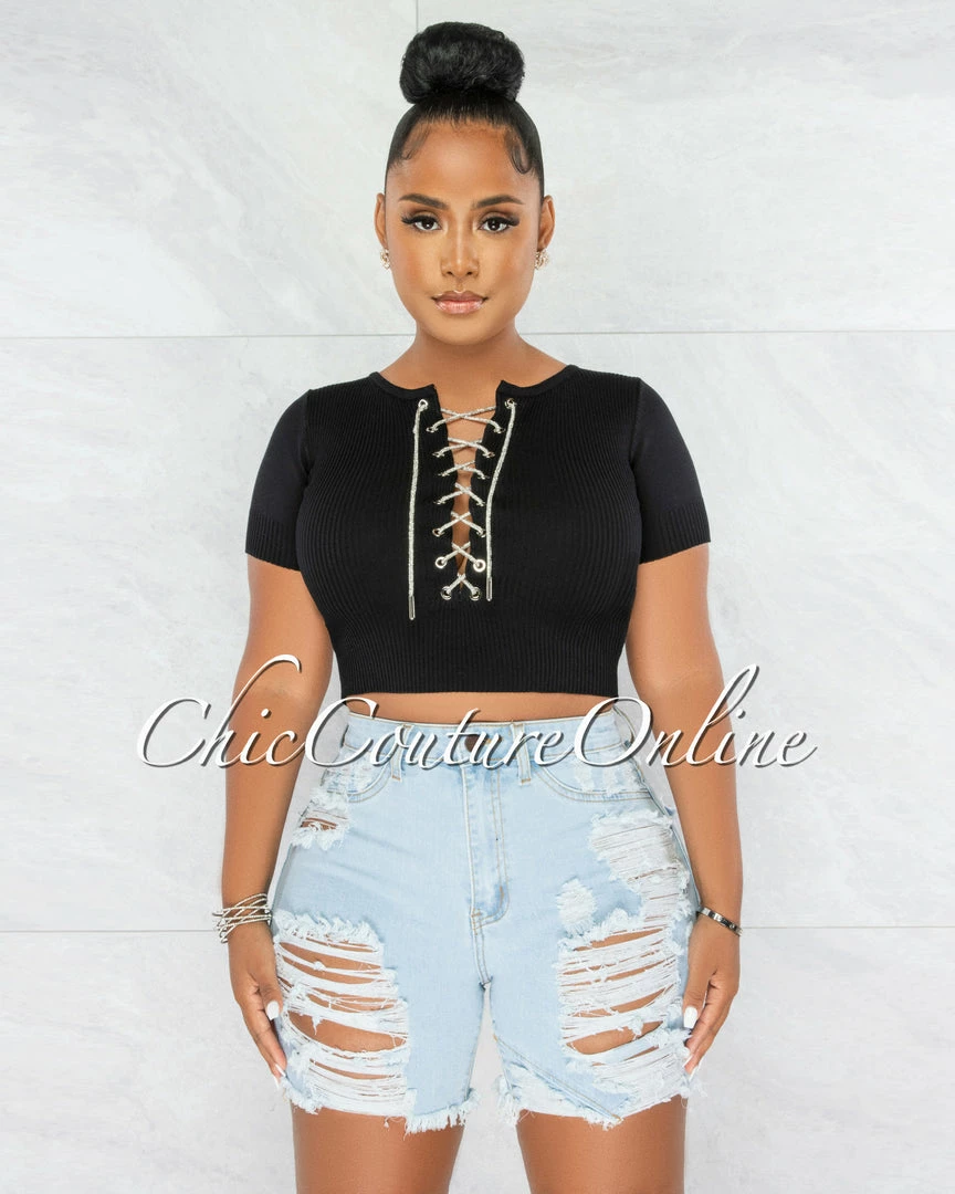 Chic Couture Online Malowa Black Rhinestones Lace-Up Ribbed Crop Top