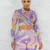 Chic Couture Online Vedonia Lilac Yellow Retro Print Crop Top & Bike Shorts Mesh Set