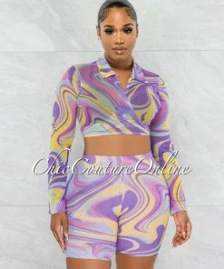 Chic Couture Online Vedonia Lilac Yellow Retro Print Crop Top & Bike Shorts Mesh Set
