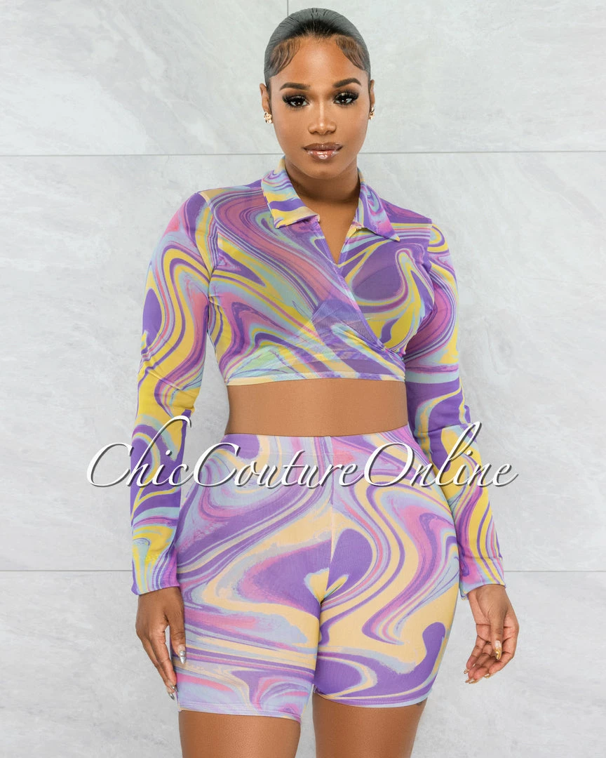 Chic Couture Online Vedonia Lilac Yellow Retro Print Crop Top & Bike Shorts Mesh Set