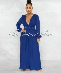 Vendor-unknown Ciqala Navy Blue Square Belt Pleated Jumpsuit