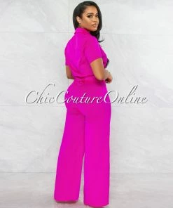 Vendor-unknown Horatio Fuchsia Crop & Wide Pants Gold Link Belt Set