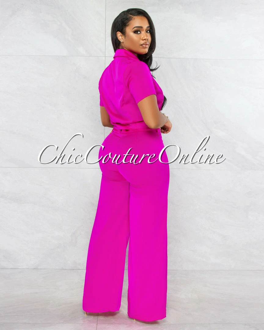 Vendor-unknown Horatio Fuchsia Crop & Wide Pants Gold Link Belt Set