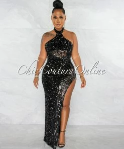 Chic Couture Online Jorah Black Sequins Mesh Details Halter Maxi Dress