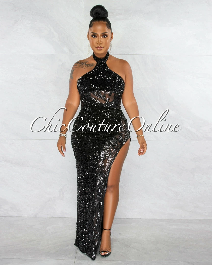 Chic Couture Online Jorah Black Sequins Mesh Details Halter Maxi Dress