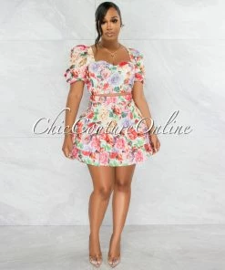 Vendor-unknown Rakim Ivory Floral Print Crop Top & Ruffle Skirt Set