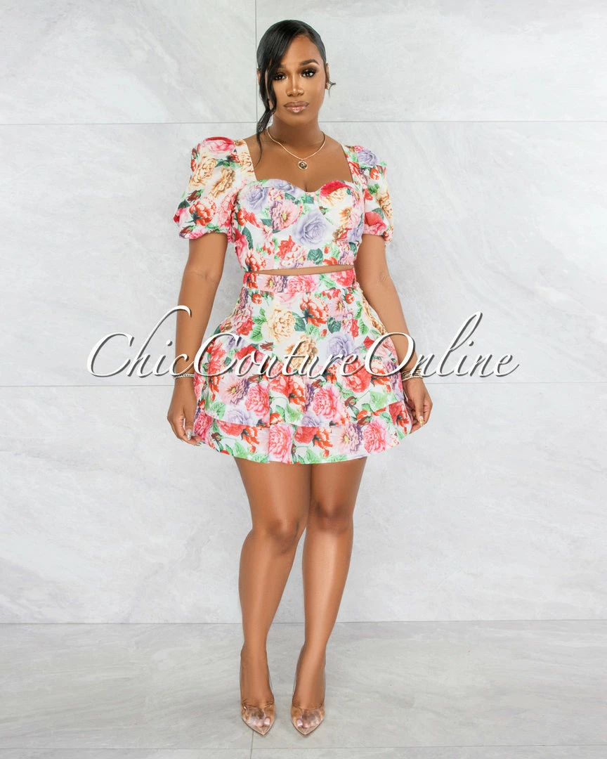 Vendor-unknown Rakim Ivory Floral Print Crop Top & Ruffle Skirt Set