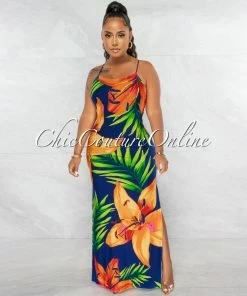 Chic Couture Online Amaria Navy Blue Multi-Color Print Lace-Up Back Maxi Dress JUST IN