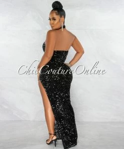 Chic Couture Online Jorah Black Sequins Mesh Details Halter Maxi Dress