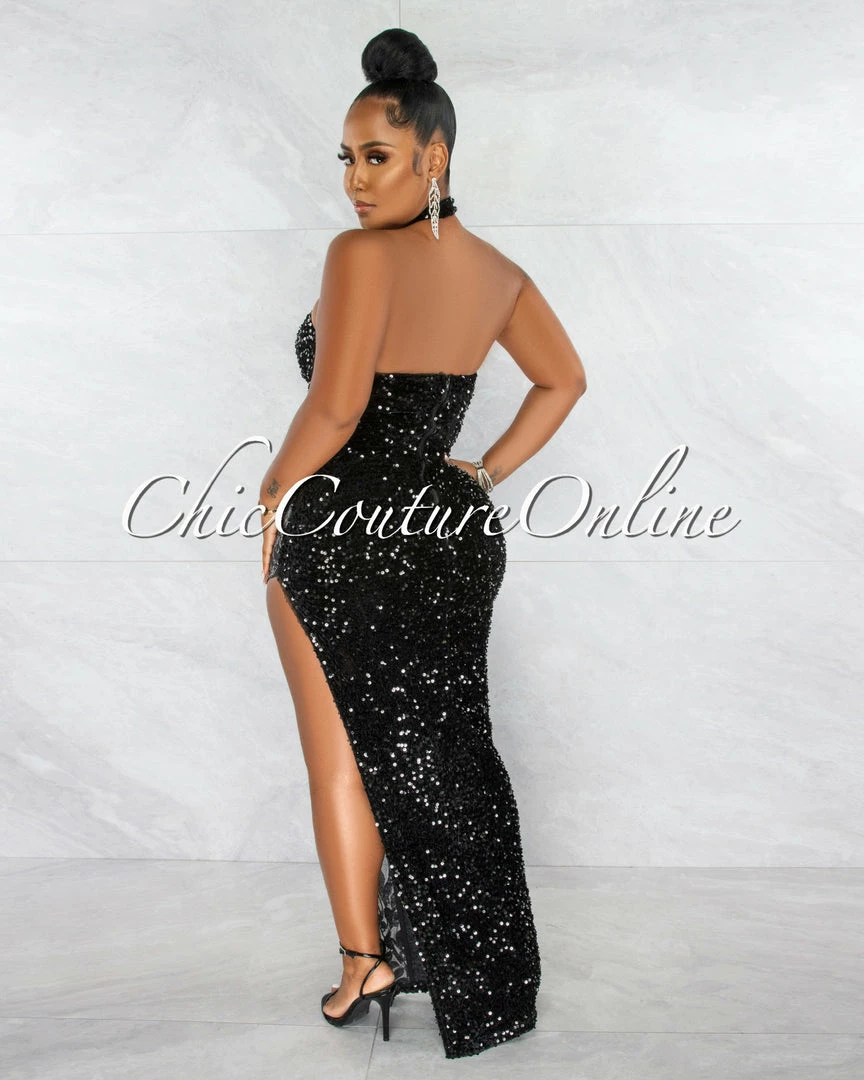 Chic Couture Online Jorah Black Sequins Mesh Details Halter Maxi Dress