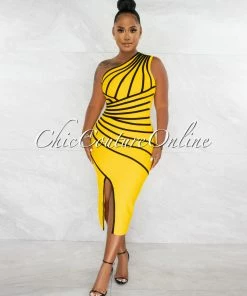 Chic Couture Online JUST IN Morgany Yellow Black Stripes Bandage Midi Dress