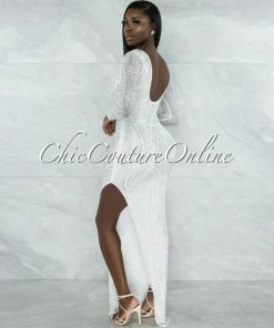 Vendor-unknown Goncalves Off-White Silver Studs Side Slit Maxi Dress JUST IN