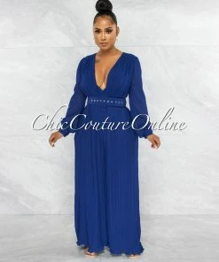 Vendor-unknown Ciqala Navy Blue Square Belt Pleated Jumpsuit
