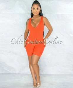 Vendor-unknown JUST IN Golan Orange Ribbed V-Neck Romper