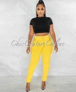 Chic Couture Online Ashley Yellow Drawstring Cargo Jogger Pants