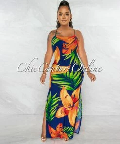 Chic Couture Online Amaria Navy Blue Multi-Color Print Lace-Up Back Maxi Dress JUST IN