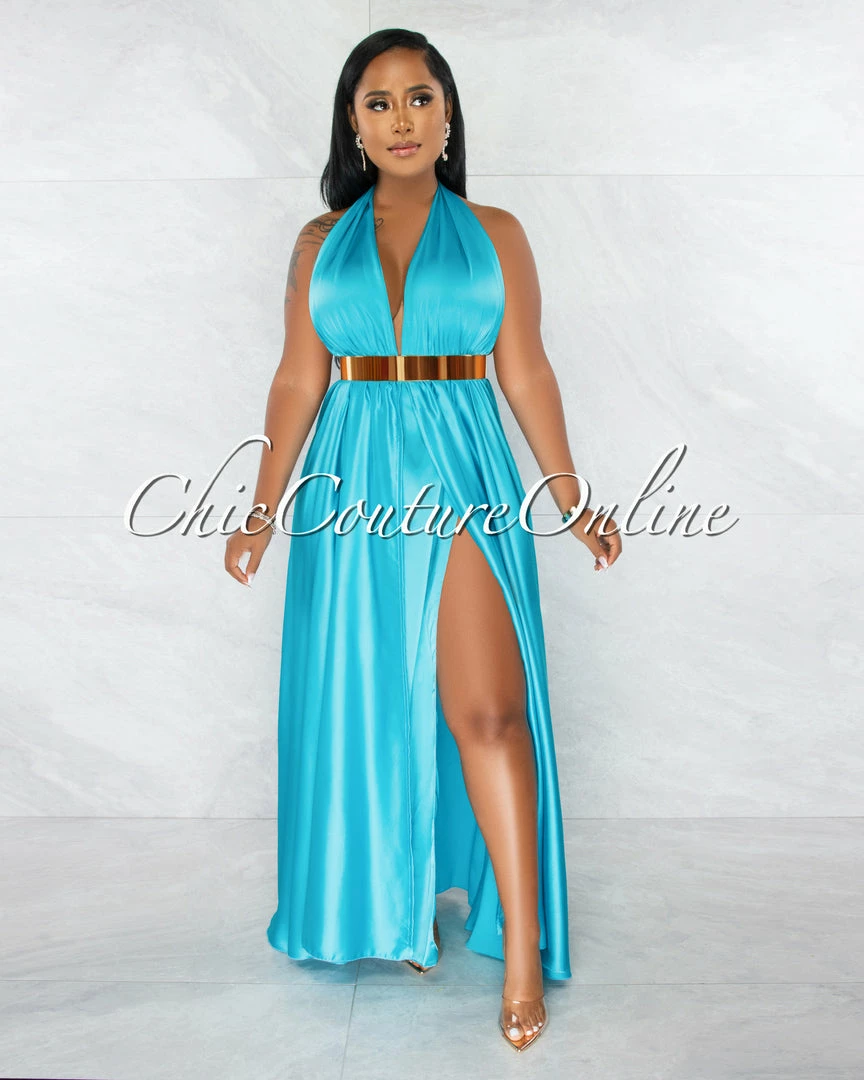 Chic Couture Online Lorenie Turquoise Deep-V Multi-Way High Slits Silky Maxi Dress JUST IN