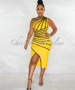 Chic Couture Online JUST IN Morgany Yellow Black Stripes Bandage Midi Dress