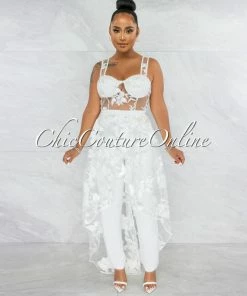 Vendor-unknown Kiarah Off-White Embroidery Mesh Top & Pants Set