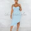 Chic Couture Online JUST IN Dario Baby Blue Padded Cups Mesh Ruched Midi Dress
