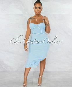 Chic Couture Online JUST IN Dario Baby Blue Padded Cups Mesh Ruched Midi Dress