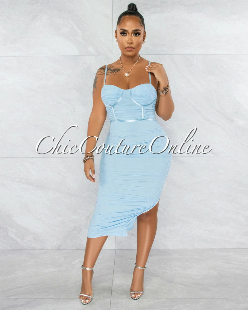 Chic Couture Online JUST IN Dario Baby Blue Padded Cups Mesh Ruched Midi Dress