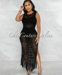 Vendor-unknown Millan Black Crochet Cover-Up Midi Dress JUST IN