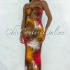 Vendor-unknown JUST IN Weston Brown Red Print Cut-Out Gold Accent Maxi Dress