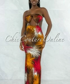 Vendor-unknown JUST IN Weston Brown Red Print Cut-Out Gold Accent Maxi Dress