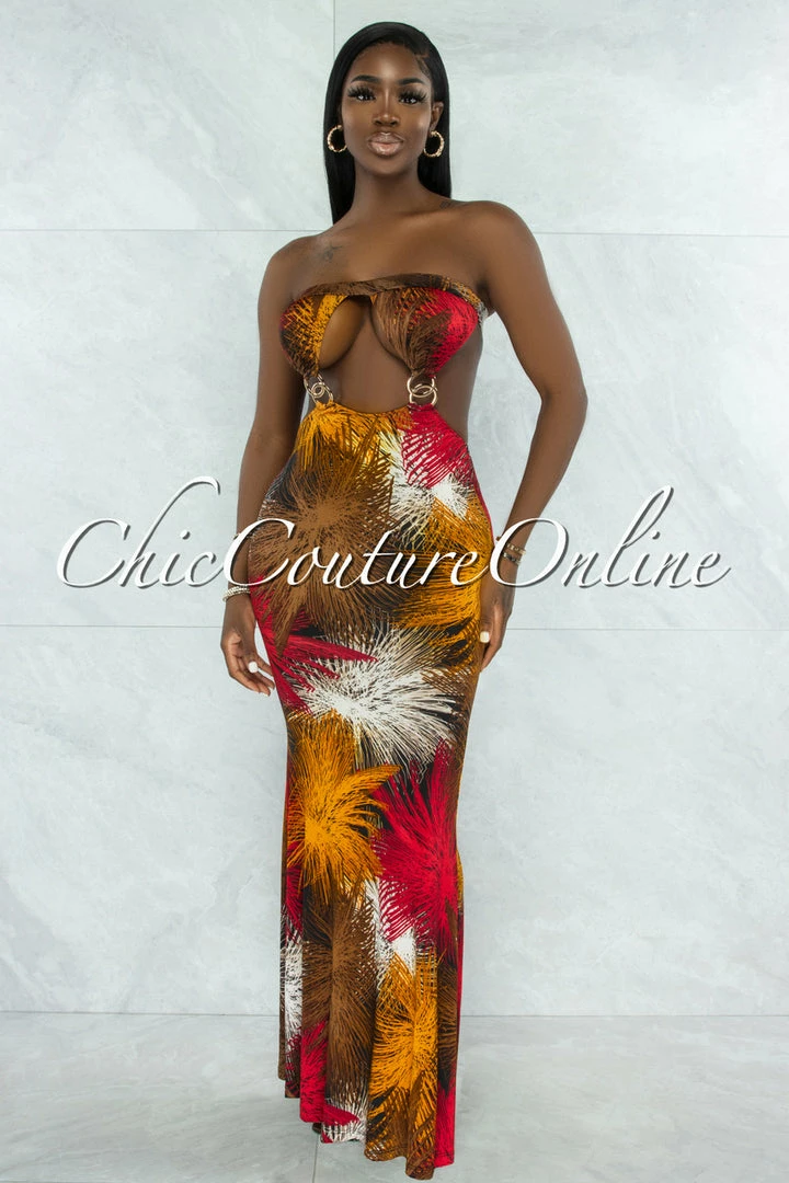 Vendor-unknown JUST IN Weston Brown Red Print Cut-Out Gold Accent Maxi Dress