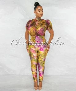 Chic Couture Online JUST IN Barden Green Fuchsia Print See-Thru Top Jumpsuit