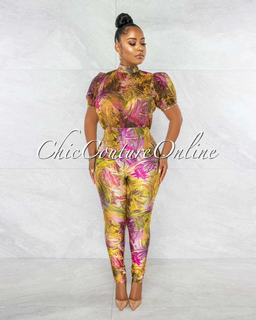Chic Couture Online JUST IN Barden Green Fuchsia Print See-Thru Top Jumpsuit