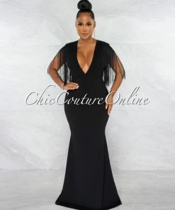 Chic Couture Online JUST IN Orane Black Fringe Shoulders Semi-Mermaid Maxi Dress