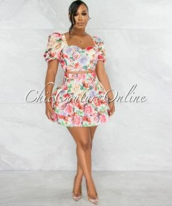 Vendor-unknown Rakim Ivory Floral Print Crop Top & Ruffle Skirt Set