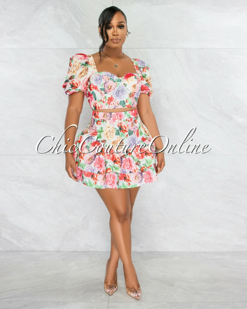 Vendor-unknown Rakim Ivory Floral Print Crop Top & Ruffle Skirt Set
