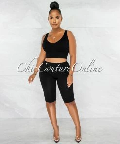 Chic Couture Online Jaiden Black Ribbed Crop Top & Bike Shorts Set JUST IN