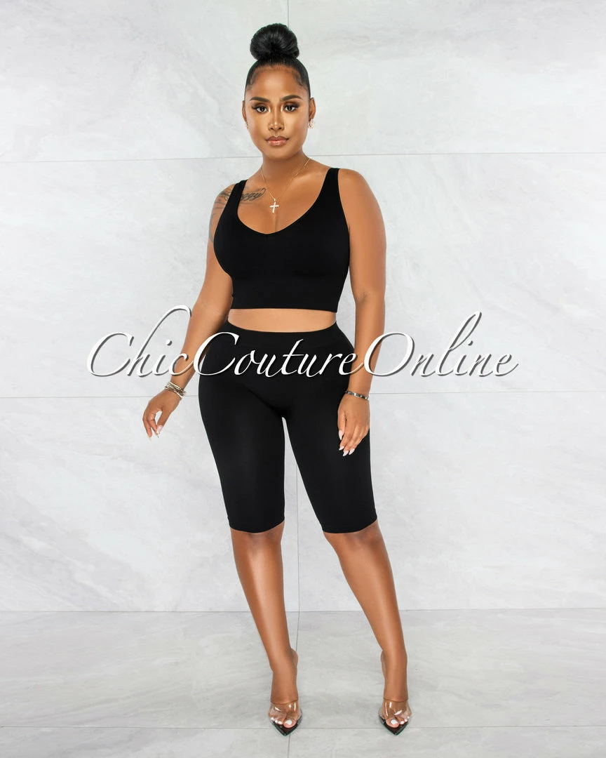 Chic Couture Online Jaiden Black Ribbed Crop Top & Bike Shorts Set JUST IN