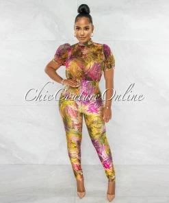 Chic Couture Online JUST IN Barden Green Fuchsia Print See-Thru Top Jumpsuit