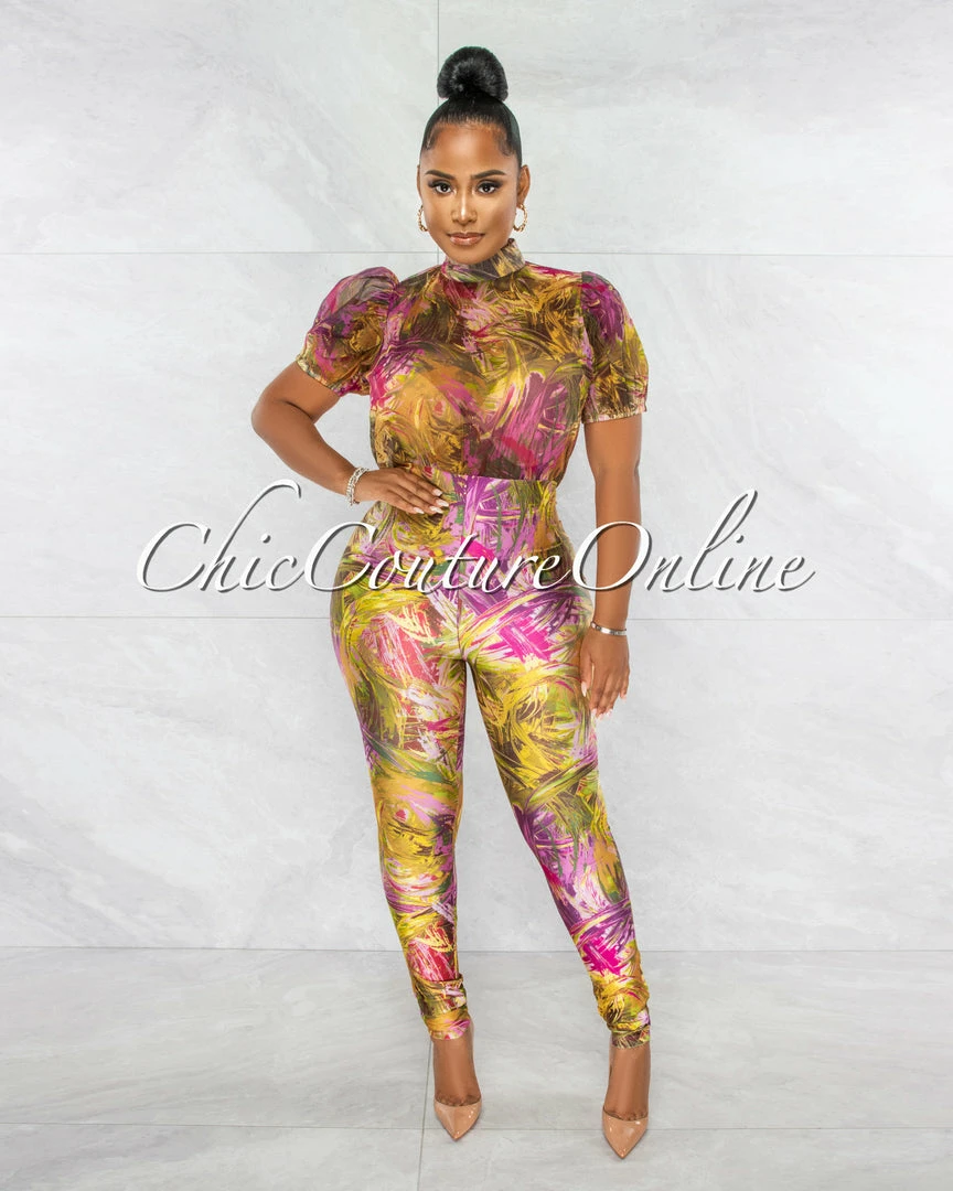 Chic Couture Online JUST IN Barden Green Fuchsia Print See-Thru Top Jumpsuit