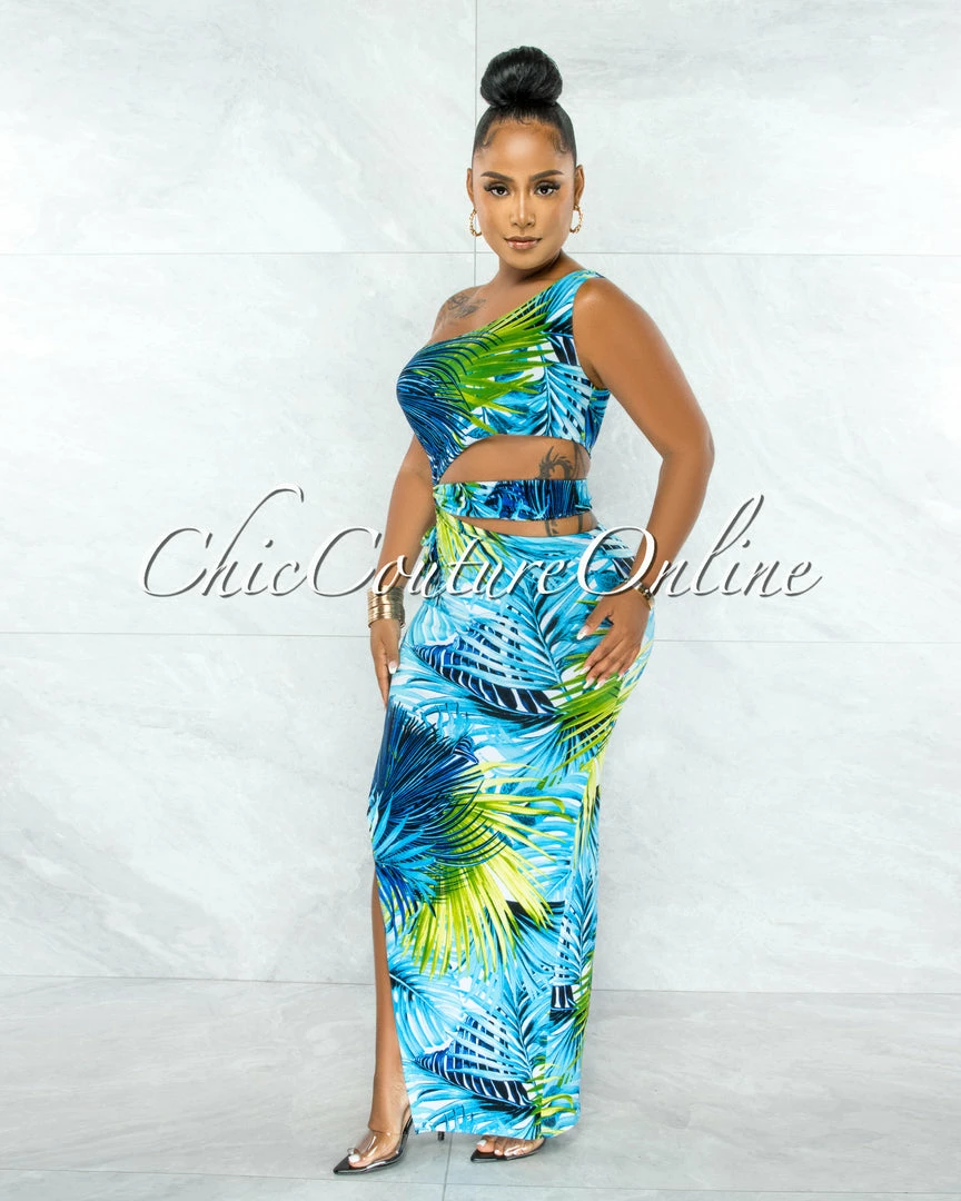 Chic Couture Online JUST IN Samira Green Blue Leaf Print Knot Cut-Out Maxi Dress