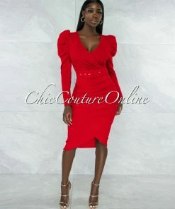 Vendor-unknown JUST IN Johana Red Draped Bubble Sleeves & Belt Midi Dress