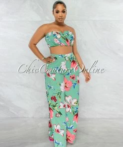 Chic Couture Online Helia Sage Floral Print Draped Crop Top & Wide Pants Set