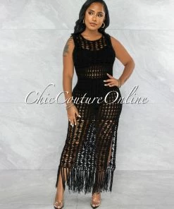 Vendor-unknown Millan Black Crochet Cover-Up Midi Dress JUST IN